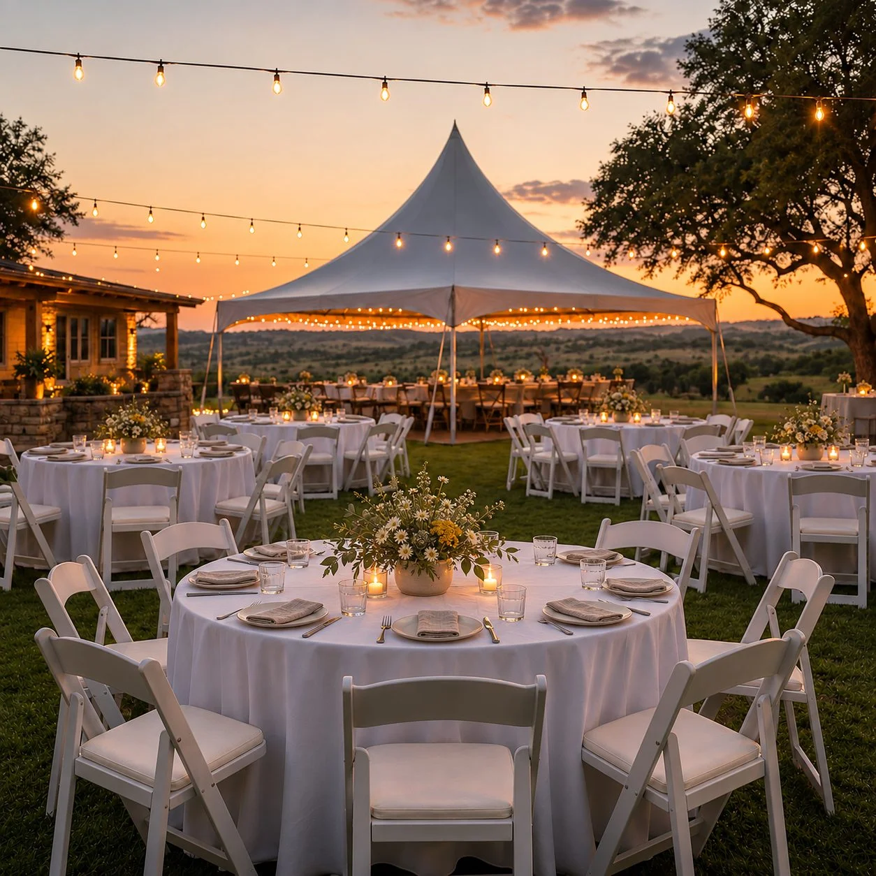 60-in round tables, white resin garden chairs, 120-in round tablecloths.